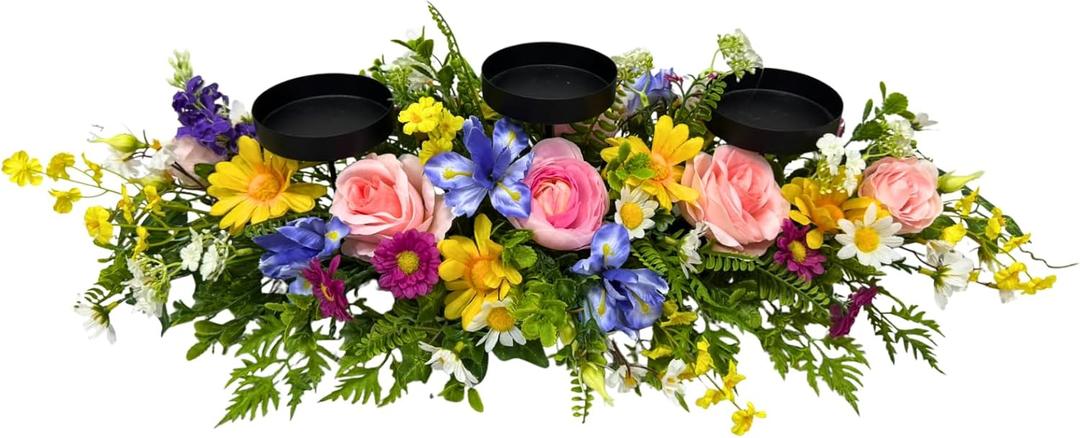 Spring Summer Centerpiece with 3 Candle Holders, 24 Inch Colorful Artificial Wildflower Arrangement with Roses, Daisies, and Irises, Ideal for Farmhouse and Country Style Table Decorations