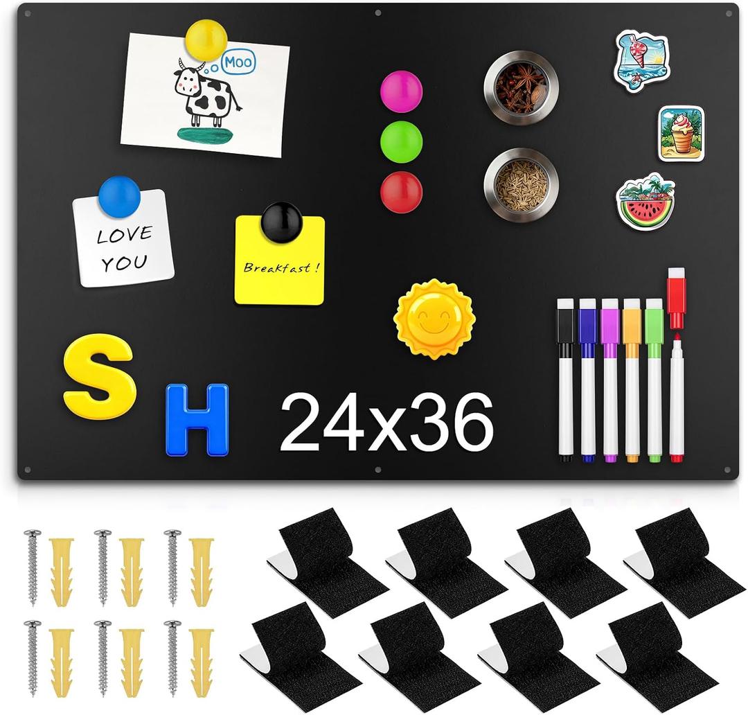 24" x 36" Magnetic Board, Black Magnet Bulletin Board to Display Magnetic Letters, Metal Board for Wall, Refrigerator Photo, with Dual Lock Tape and Screws, Marker Pen
