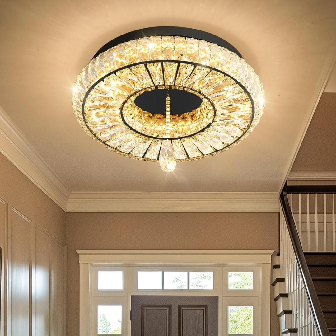 Dia 16" Modern Crystal Chandeliers Chandelier Dimmable Flush Mount Ceiling Light for Bedroom Living Room Dining Room 3 Rings LED Lighting Fixtures Black