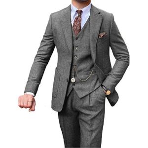 Retro Tweed 3 Piece Men's Suit,Vintage Herringbone Suit for Men's Wedding Prom Business Formal Casual Blazer Vest Pants Set (Medium, Grey)