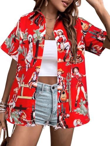 QLIPIN Western Button Up Shirts Women: Retro Cowgirl Shirt Rodeo Tops Hawaiian Summer Vacation Short Sleeve Top Blouses L