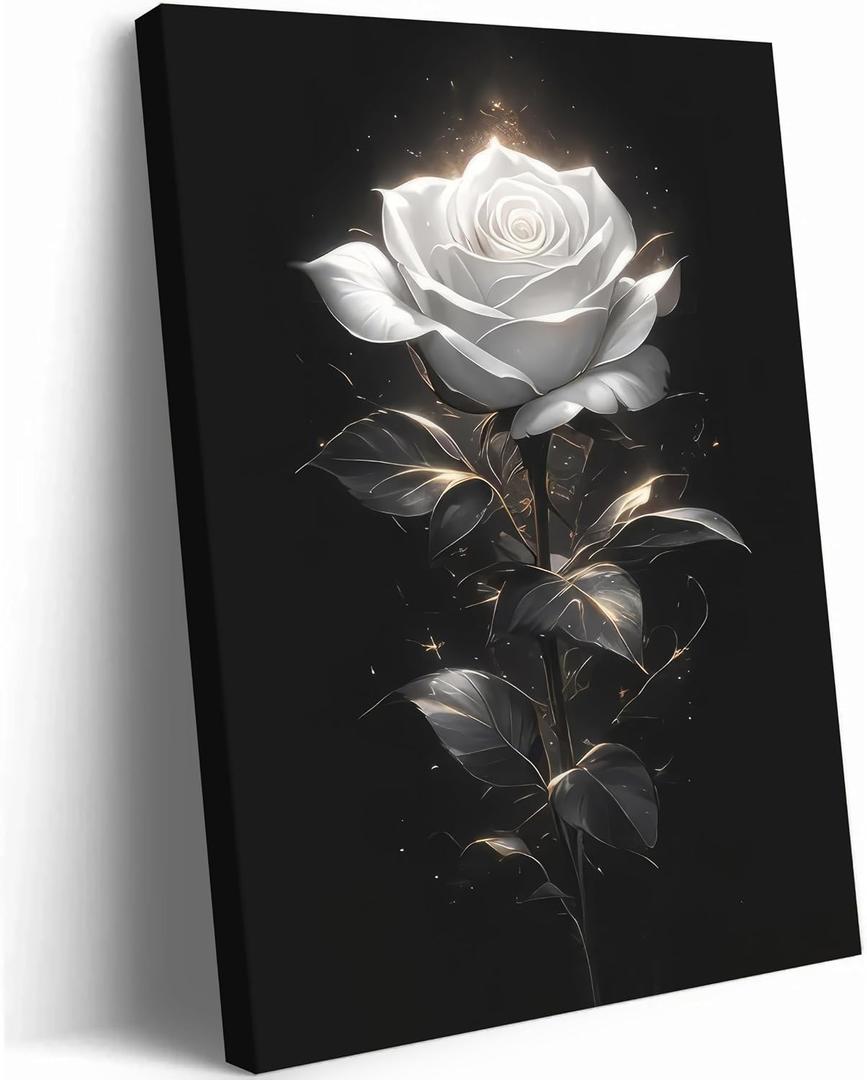 Framed White Rose Wall Art Vintage Floral Canvas Print 24" L x 16" W | Rustic Farmhouse Flower Wall Decor Botanical Artwork Gift for Her for Living Room Bedroom Bathroom