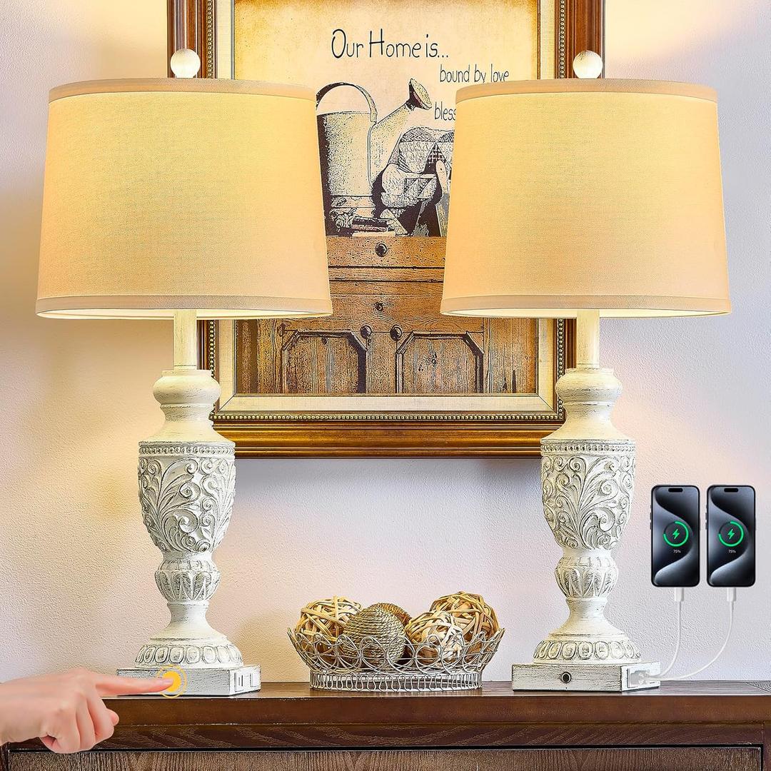 26.5" Farmhouse Table Lamp Set of 2, 3-Way Dimmable Touch Control Vintage Rustic Side Table Nightstand Lamps for Bedroom Living Room Study Room (Whitewashed Gold)