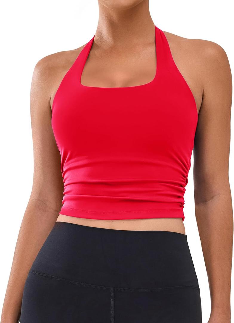 BMJL Womens Halter Built in Bra Workout Sports Tank Tops Buttery Longline Stappy Gym Crop Tops (Red, XL)
