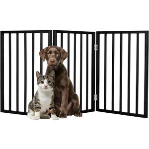 Pet Gate - 3-Panel Indoor Foldable Dog Fence for Stairs, Hallways, or Doorways - 54x24-Inch Wood Freestanding Dog Gates by PETMAKER (Black)