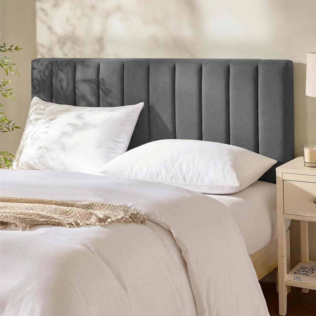 Hearth & Harbor Upholstered Queen Headboard - Easy Assemble Channel Stitched Headboard Queen Size - Wall Mounted Headboards with 3D Soundproof Wall Panels Peel & Stick Floating Headboards, Grey