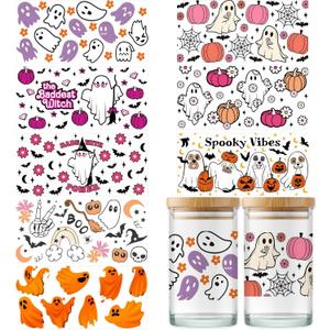 2 x 8 Sheet UV Dtf Cup Wraps for 16 Oz Glass Cups Halloween Waterproof UV Dtf Transfers Ready to Press Stickers Rub on Transfers for Crafts Wrap Decals for Tumblers Mugs Wood Car Decor -Funny Pink Ghost