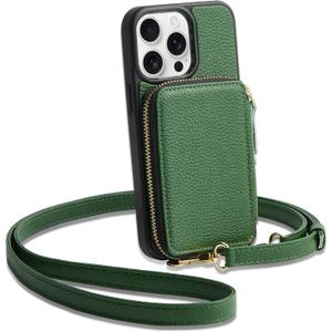 ZVE for iPhone 15 Pro Crossbody Wallet Case, Card Holder Phone Purse for Women, RFID Blocking Zipper Leather Cover with Wrist Strap for iPhone 15 Pro (6.1 inch)- Dark Green