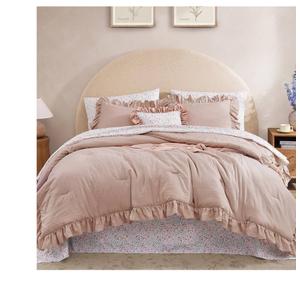 Queen Comforter Set - 7 Pieces Ruffle Pink Bedding Sets, Shabby Chic Farmhouse Bed in a Bag Queen with Ruffle Comforter, Floral Sheets, Pillowcases & Shams