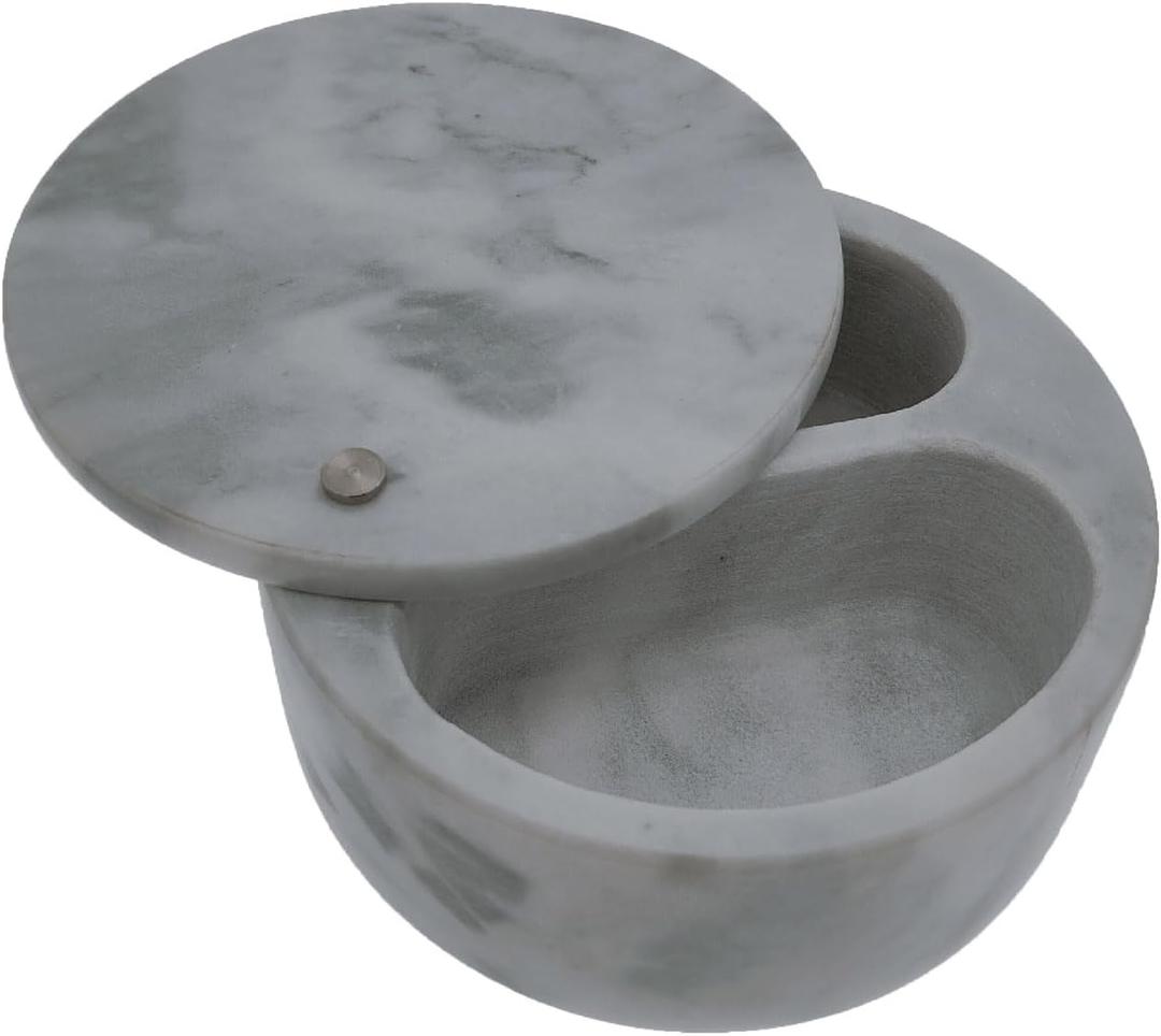Marble Salt Cellar and Storage Box with Two Compartments Salt Box with Swivel Lid for Storing Spice (Gray white)