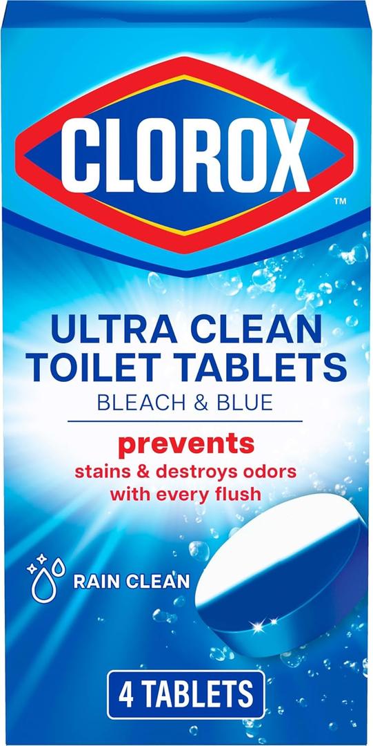 Clorox Ultra Clean Toilet Tablets Bleach & Blue, Rain Clean Scent, 2.47 Ounces Each, 4 Count