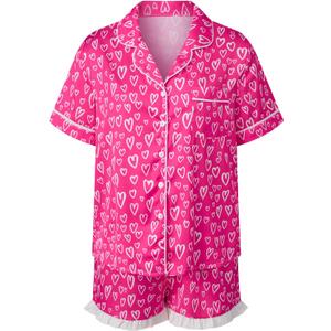 Women 2 Pieces Heart Floral Bow Pajama Sets Button-Down Short Sleeve Shirt Ruffle Short Sleepwear (L)
