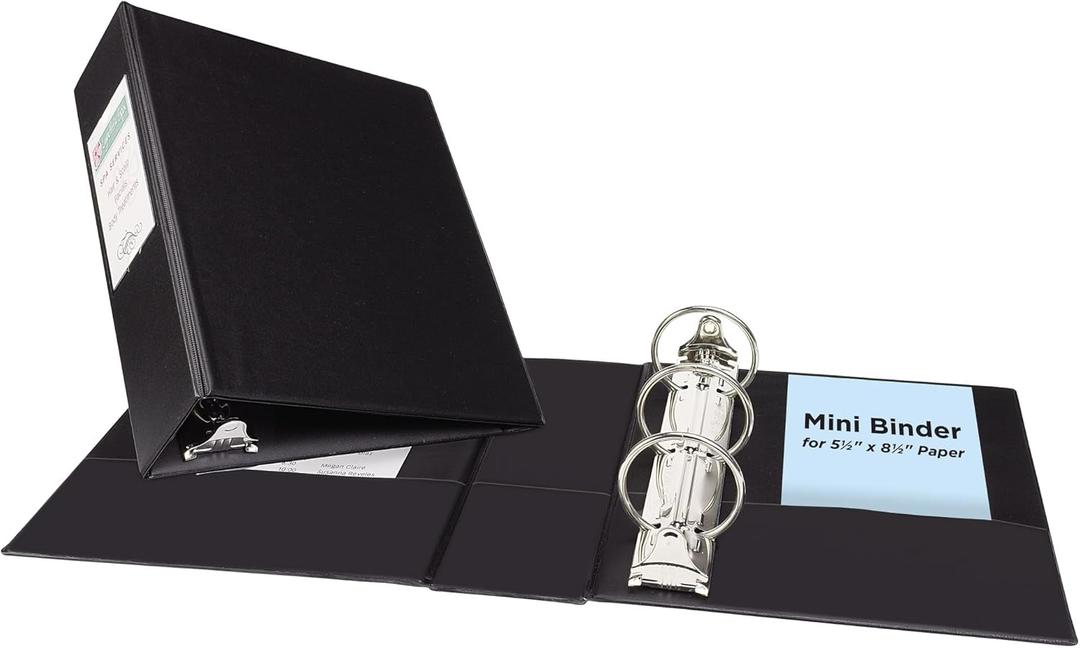 Avery Mini 3 Ring Binder, Holds 5.5" x 8.5" Paper, 2" Round Rings, 375-Sheet Capacity, 2.8 Inch Wide Spine, Label Holder, 1 Black Binder, Great for Home, Office, School Supplies, and More (27554)