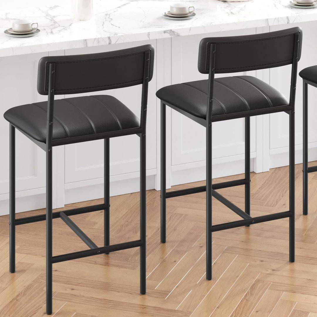 Garvee Bar Stools Set of 2, Upholstered Counter Height Bar Stool with Backrest and Footrest, Wider Seat, Kitchen Barstools for Kitchen Island, Dining Room, Easy Assembly, Black
