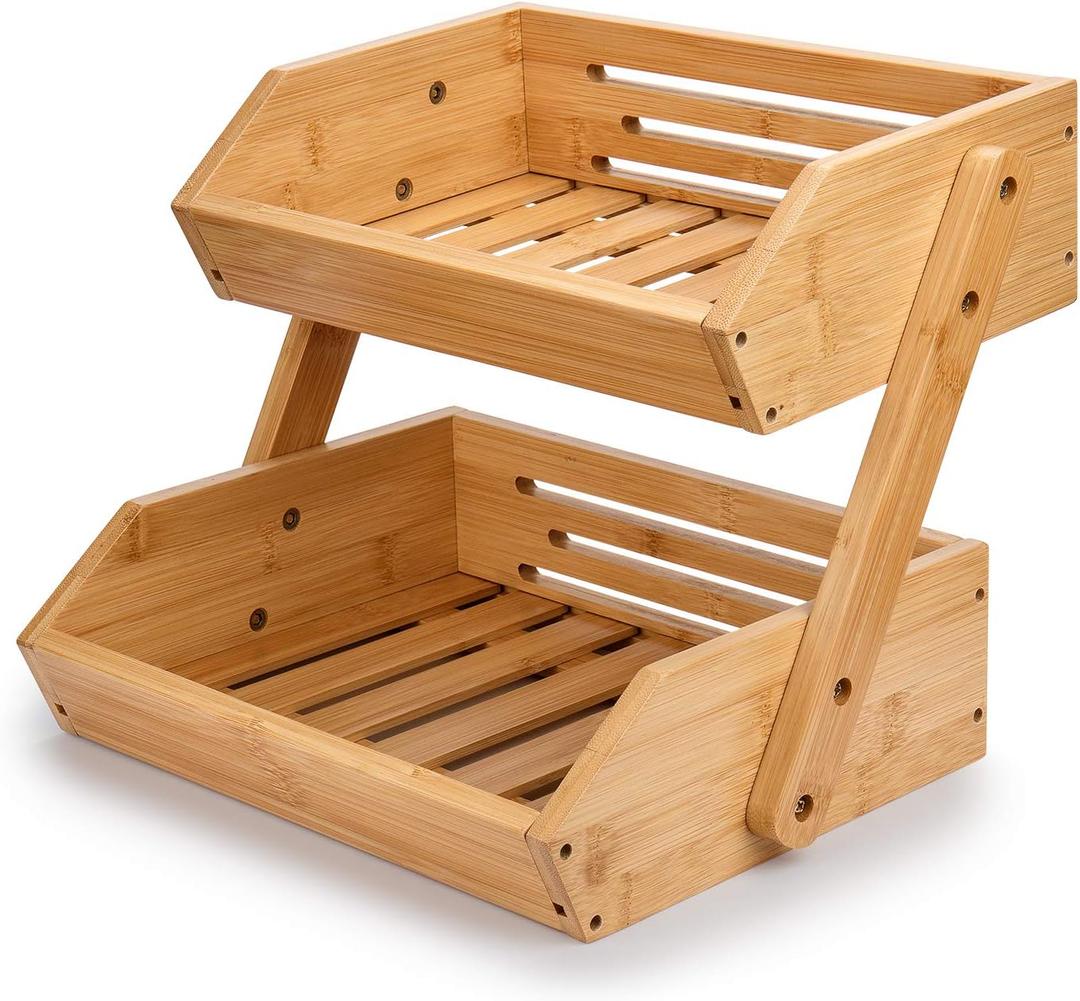 G.a HOMEFAVOR Large Bamboo Fruit Basket, 2-Tier Fruit Bowl for Kitchen Counter, Vegetable Storage Stand for Fruit Shop, 15 mm Thickness (Self-Assembly)