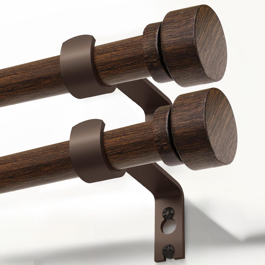 2 Pack Deep Walnut Wood Curtain Rods for Windows 48 to 84 Inches 1" Diameter Heavy Duty Window Curtain Rod Adjustable with Handmade Wood Grain Design for Living Room Bedroom Kitchen Farmhouse Outdoor