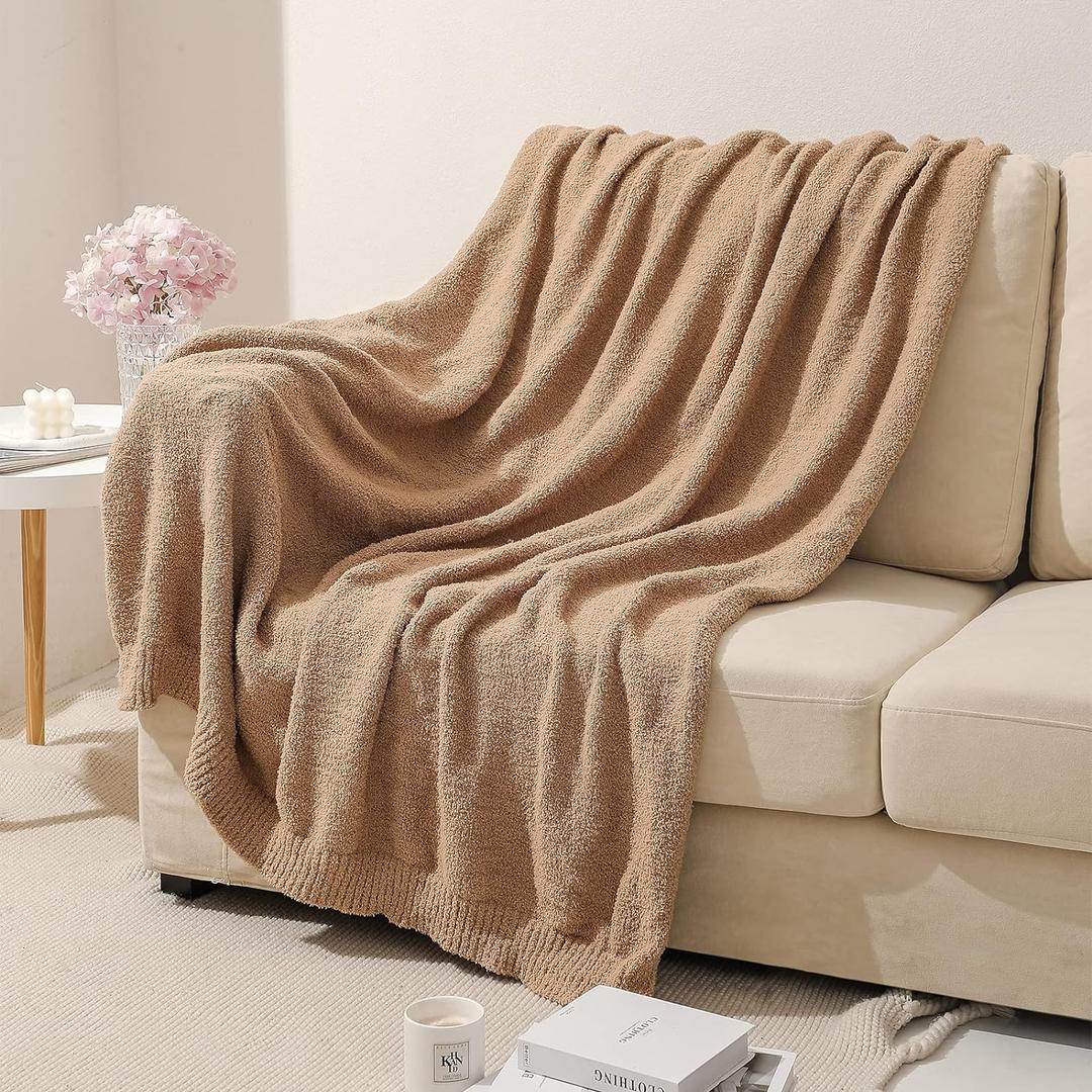 Microfiber Knit Throw Blanket, Solid Knit Fuzzy Pattern, Soft Fluffy Cozy Warm Lightweight, for Sofa Bed Home Decor Carry, 50"x60", Camel