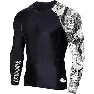 Mens Rash Guard Men's Long Sleeve UPF 50+ Sun Protection, Compression Shirt Long Sleeve Swim Shirts Workout Gym T-Shirt (Large, Black & White Dragon)