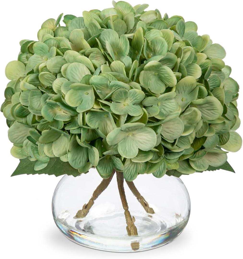 Hollyone Hydrangea Artificial Flowers with Glass Vase Dark Green Silk Faux Flowers Arrangements in Vase with Faux Water Fake Floral Bulk Bouquet for Home Decor Table Centerpiece Decorations