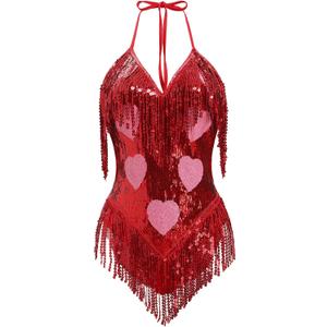 ABAFIP Women's Sequin Fringe Dance Bodysuit Halter V-Neck Sparkly Tassel Leotard Rave Festival Outfits (Medium, Red)