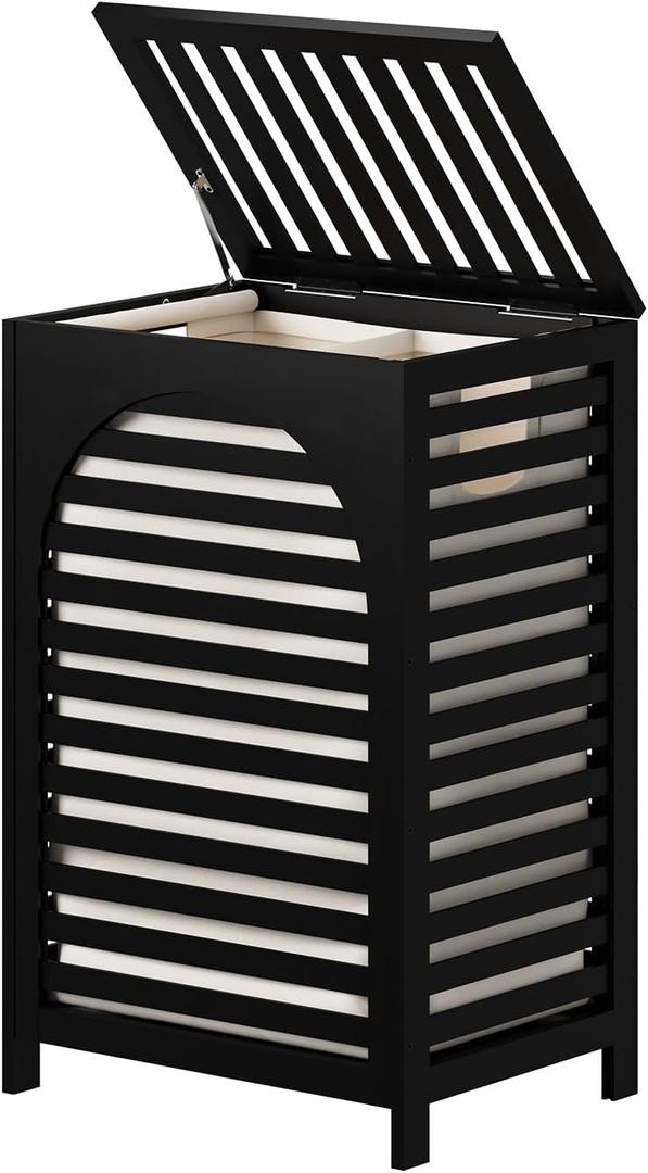 Laundry Hamper, 22.5 Gallon (85L) Bamboo Wood Clothes Laundry Basket with Lid and Handles, Removable Liner (Black, Large)