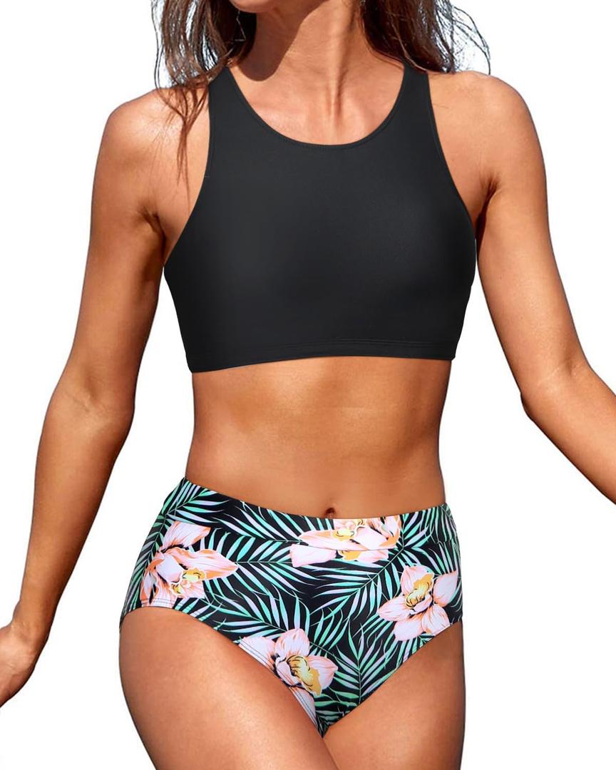Tempt Me Black Floral Women High Waisted Bikini Two Piece Swimsuits High Neck Crop Top Racerback Sporty Bathing Suits for Teen Girls M Tempt Me Black Floral Women High Waisted Bikini Two Piece Swimsuits High Neck Crop Top Racerback Sporty Bathing Suits for Teen Girls M