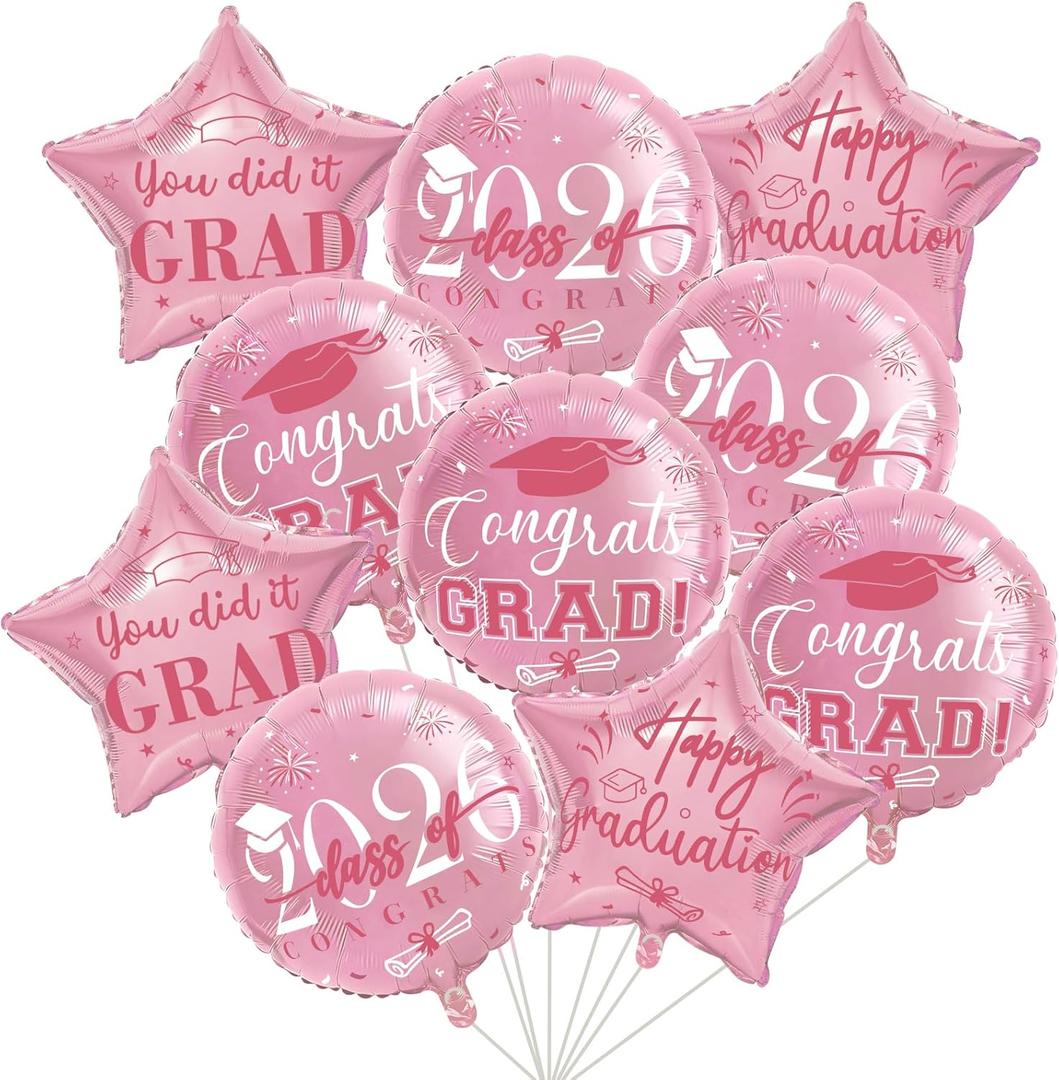 Graduation Balloons Class of 2026, 10Pcs 18" Rose Gold Congrats Grad Round Foil Balloons with 19" Star Mylar Balloons Grad Party Decorations Supplies for College High School