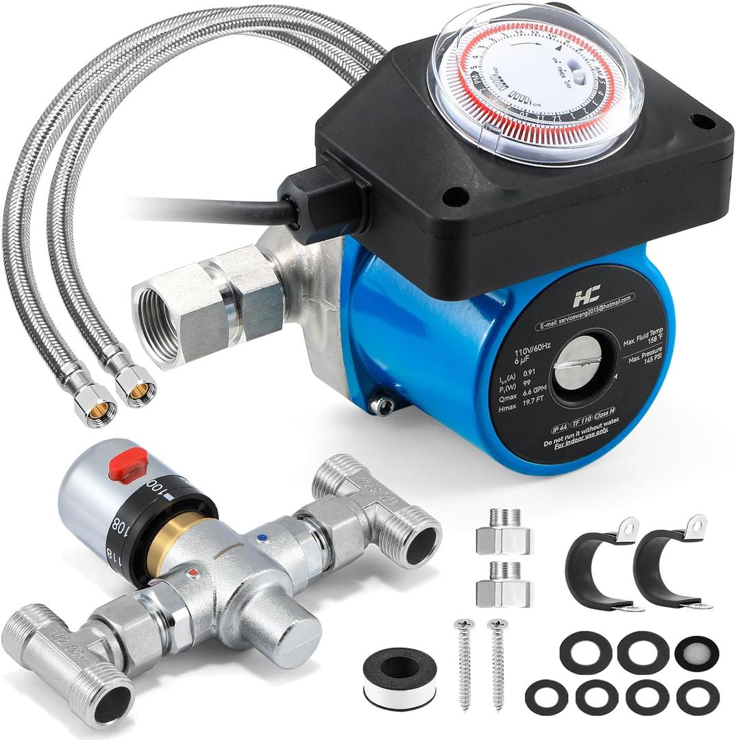 Instant Hot Water Recirculation System with 68-118 Temp. Adjustable Bypass Valve for Tank Water Heaters, 20-in PEX Supply Lines for Potable Water, with Everything Needed to Install