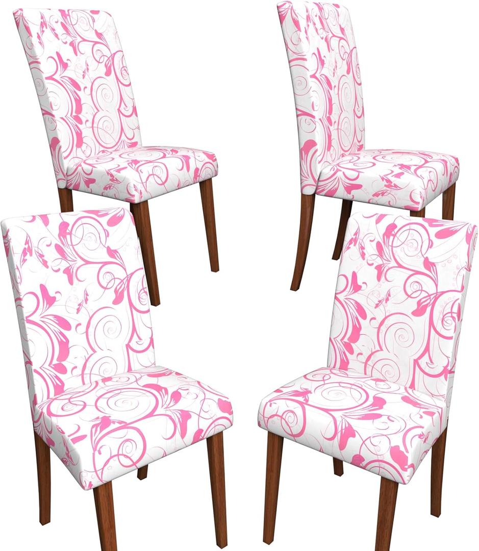 Stretch Dining Chair Covers Set of 4,Floral Print Chair Covers,Soft Removable Washable,Pet Friendly Furniture Protector,Universal Chair Slipcovers for Home, Kitchen,Ceremony Dining Room Seat (25"D x 27"W x 30"H), Pink Scroll Floral