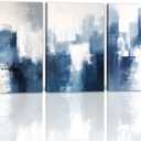 Large Abstract Wall Art Set of 3 Navy Blue Gray & White Picture Prints Modern Minimalist Canvas Paintings for Living Room Bedroom Bathroom Wall Decor Framed-16.00" x 24.00" x 3Pcs