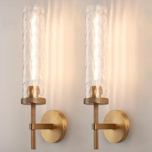 19.5" Knurled Brass Wall Sconces Set of 2, Gold Bathroom Vanity Light Fixtures with Water Ripples Glass Tube, Modern Lamp Lighting for Bedroom, Living Room, Hallway, Staircase, Mirror, Kitchen
