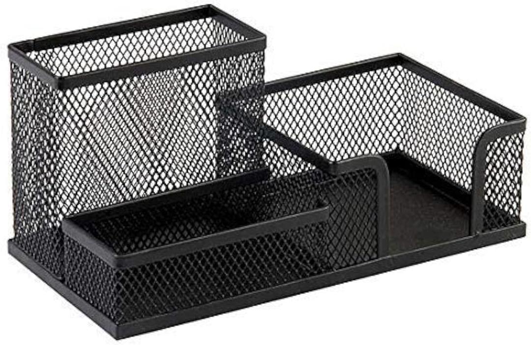 Corner Cabin Mesh Desk Office Organizer for Paper Clip, Mesh Desk Organizer, 3 in 1 Metal Pen Holder Office Supplies Caddy for Paper Clip, Sticky Note, Pen(3 Compartments, Black)