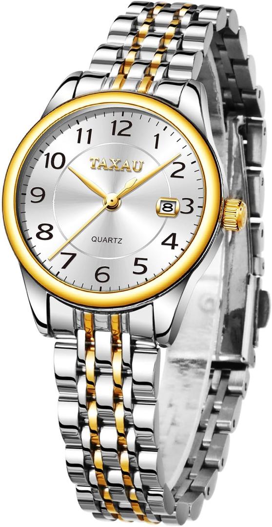 Taxau Gold Silver Two Tone Women Stainless Steel Watch Small Wrist ElegantDress Watch for Women Fashion Luxury Waterproof Day Date Analog Quartz Ladies Watches