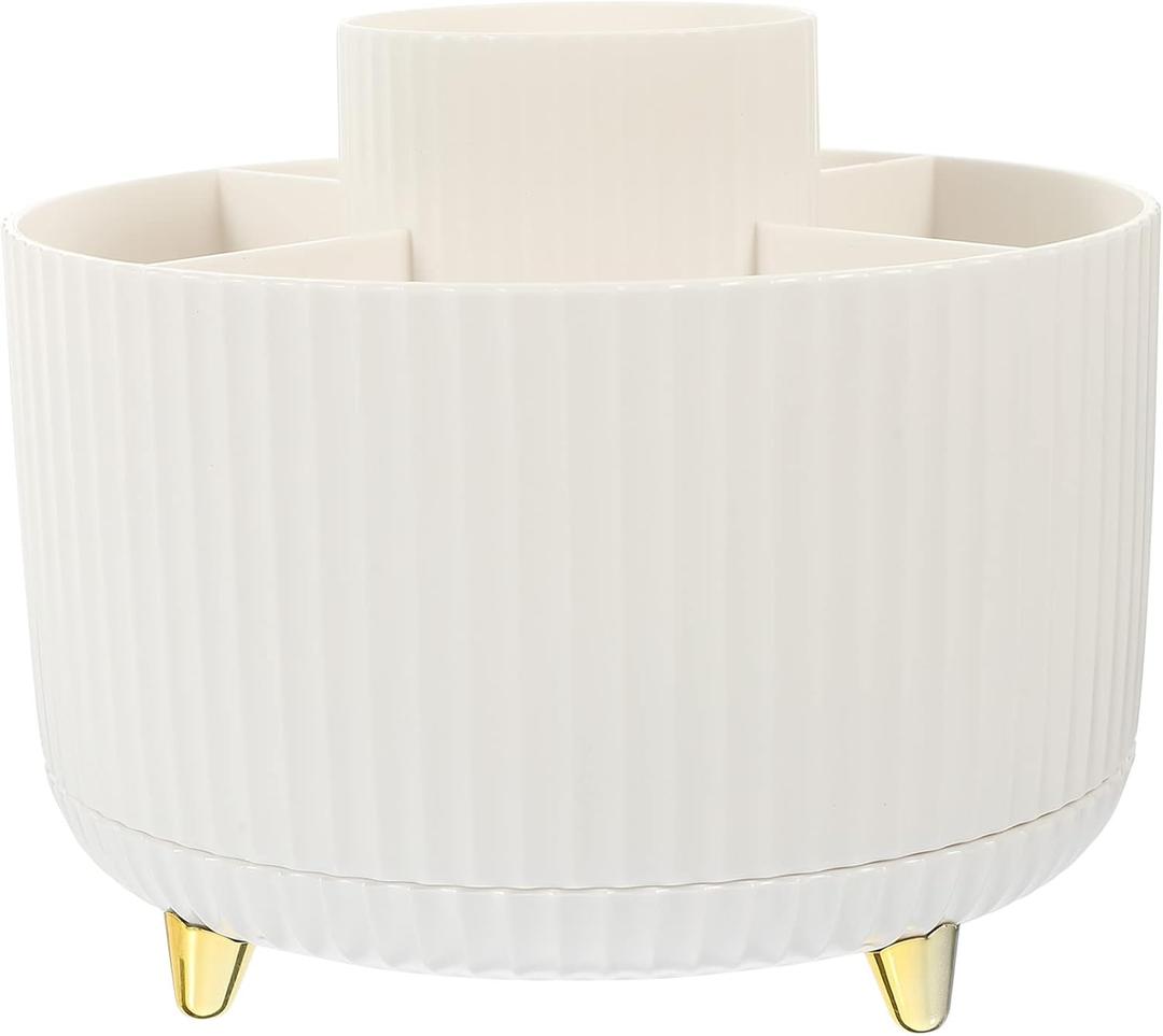 LUOZZY Makeup Brush Holder 360 Rotating Makeup Organizer 5 Slot Makeup Brushes Cup Desktop Stationary Organizer Cosmetic Brush Cup for Vanity Countertops Home Supplies (White)
