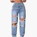 Women's High Waisted Distressed Jeans Straight Leg Casual Ripped Denim Pants, XL
