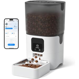 PAPIFEED Automatic Cat Feeder with App, 2.4G WiFi Cat Food Dispenser, 6L Timed Cat Feeder for Dry Food, 10 Meals/Day, 12 Portions/Meal, Dual Power Supply Smart Pet Feeder for Dog, White