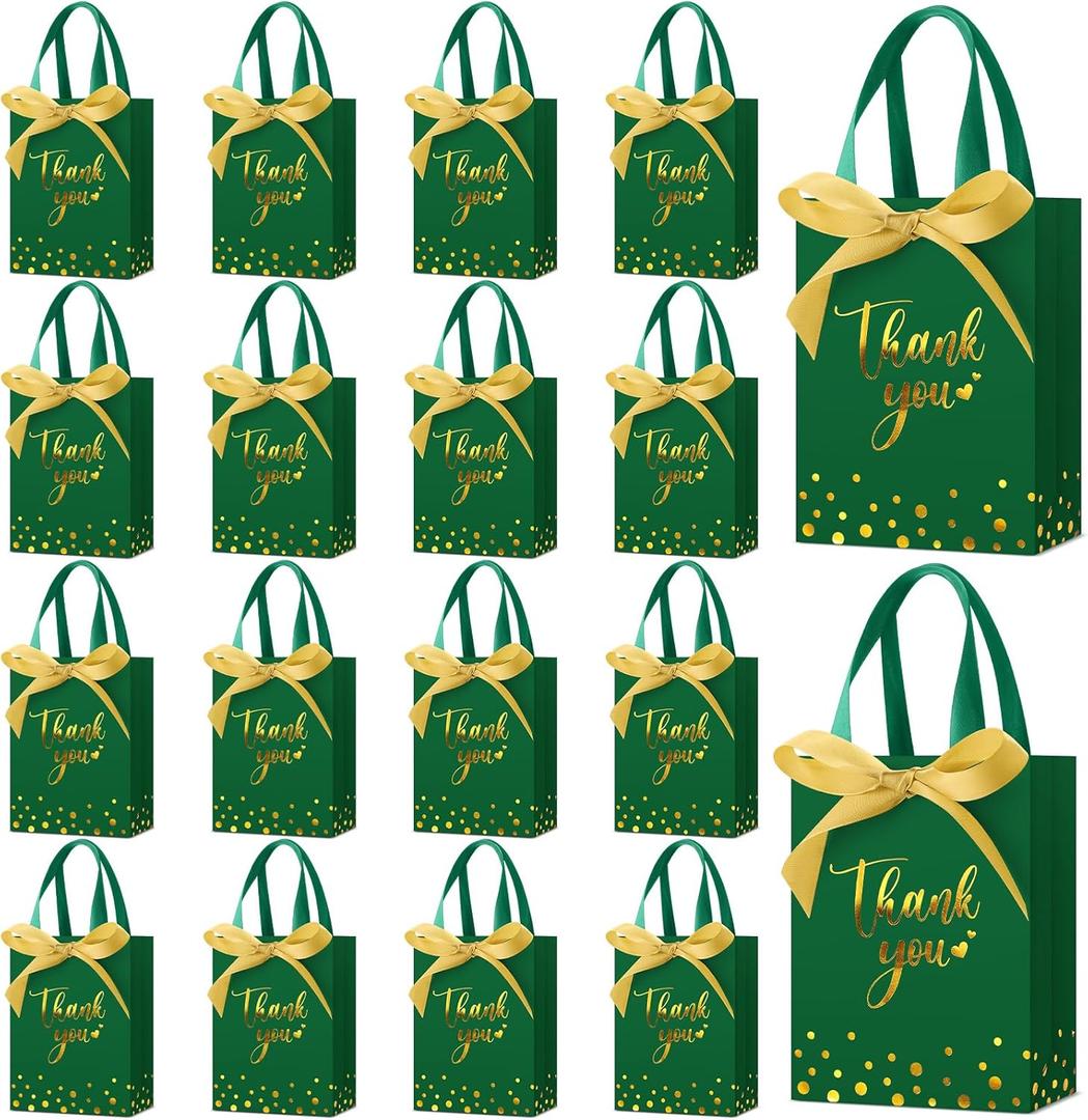 Kolldenn 36 Pack Small Thank You Gift Bags with Handles 5.9 x 4.3 x 2.4 Inches Christmas Party Favor Bags with Bow Ribbon Candy Goodie Gift Bag Bulk for Xmas Wedding Birthday Bridal Shower(Green)