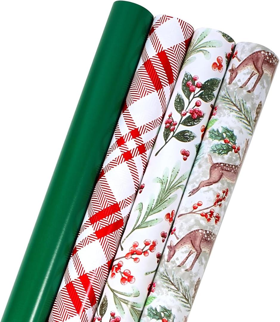 LaRibbons Christmas Wrapping Paper Set, Holiday Gift Wrap with Classic Deer/Red White Plaid/Berries Design, Perfect for Season Party, Xmas Presents & Decoration, 30 Inch X 10 Feet-4 Rolls