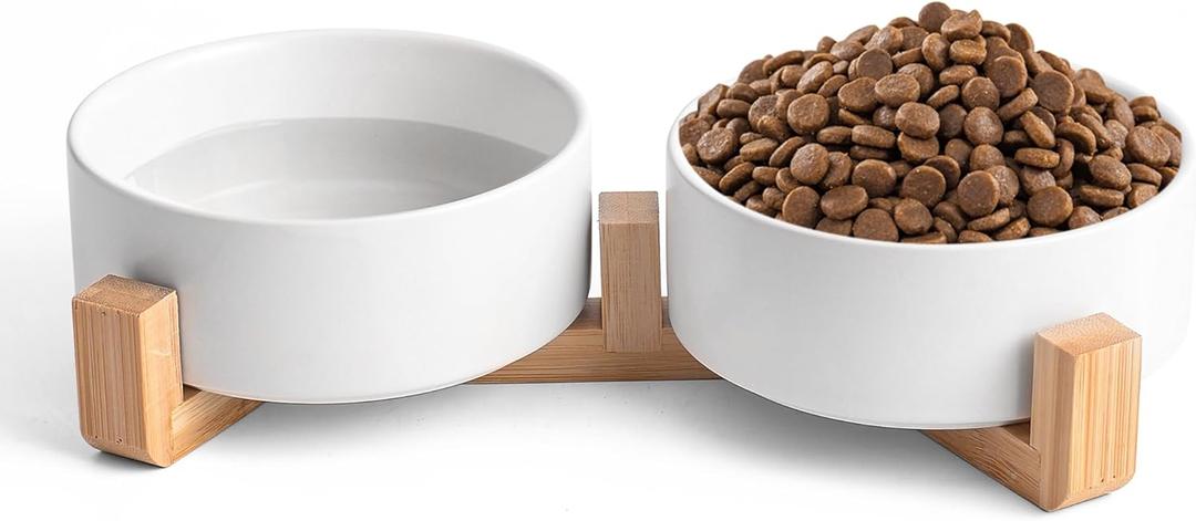 White Ceramic Dog & Cat Bowl Set  13.5 OZ with Wooden Stand, Non-Slip, Elevated Design for Small Dogs & Cats  2 Bowls (Food & Water, Ceramic Pet Bowls, Modern Dog Bowls)