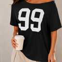LilyCoco Womens Off The Shoulder Graphic Tees Casual Short Sleeve Asymmetrical Top Black X-Large