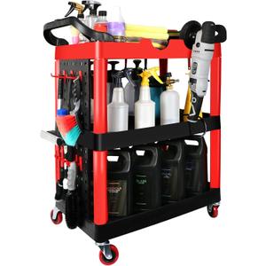 Auto Detailing Cart with Wheels, 3 Tier Car Detailing Cart with Hanging Boards & Hooks, Car Wash Organizer for Garage Workshop DIY Home