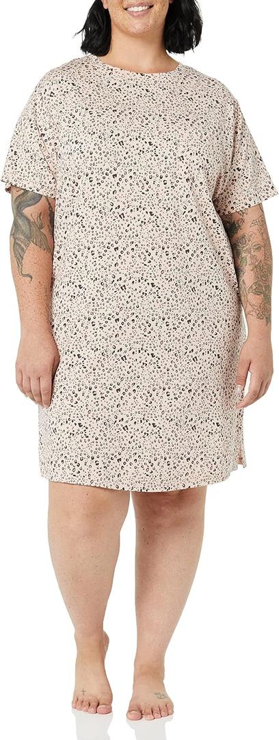 Amazon Essentials Womens Knit Jersey Sleep Tee Nightdress (Large, Ivory Leopard)