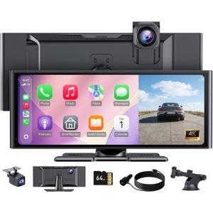 10.26" HD Wireless CarPlay Screen for Carplay & Android Auto Touch Screen,4K Dash Cam,1080P Backup Camera,Mirror Link,Voice Control,GPS,Bluetooth,64G TF,for All Vehicles
