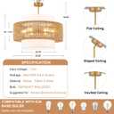 23.6" Rattan Light Fixtures Ceiling Mount, 6-Light Boho Flush Mount Ceiling Light with Fabric Lampshade, Hand Woven Rattan Chandelier for Dining Room Living Room Bedroom Kitchen Island Farmhouse Foyer