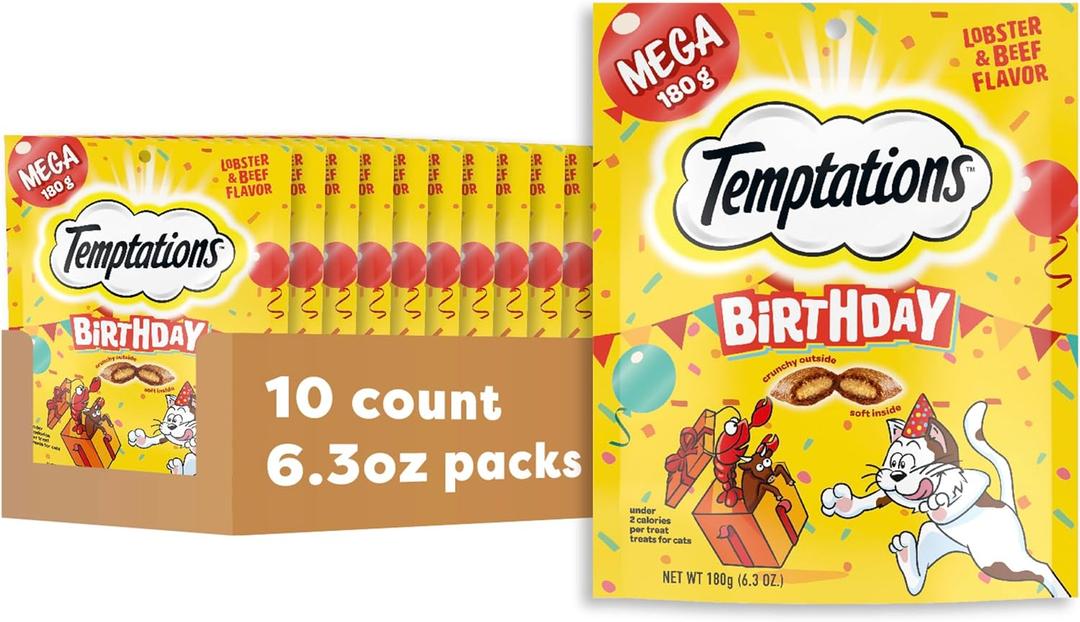 Temptations Birthday Crunchy and Soft Cat Treats Lobster and Beef Flavor, 6.3 oz. Pouch, Pack of 10, Best By 10, 2024