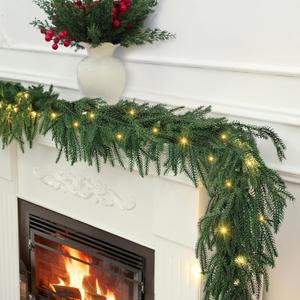 Norfolk Pine Garlands with Light Pre-Lit Christmas Garland,Dense Norfolk Pine Real Touch Garlandfor Table, Mantle, Staires, Wall, Premium Indoor/Outdoor Christmas Decorations (1, 6ft)
