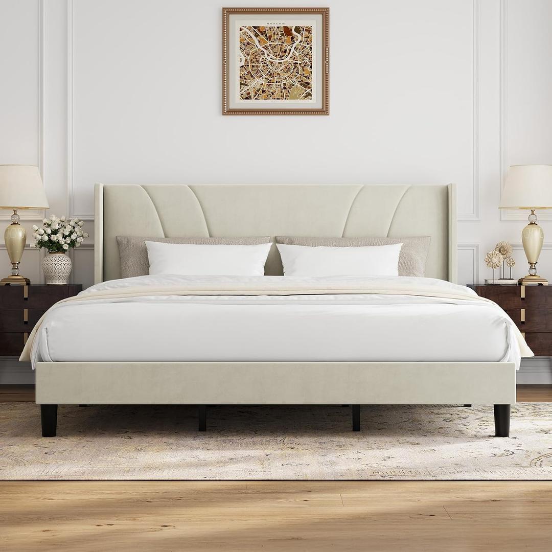 Novilla King Size Bed Frame, King Bed Frame with Headboard, Velvet Upholstered Wing Side Headboard, No Box Spring Needed, Heavy Duty Feet, Easy Assembly, White Velvet