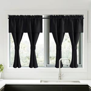 NICETOWN Black Blackout Curtains with Attached Valance, Solid Room Darkening Window Treatment Drapes/Draperies for Bedroom (2 PCs, 52 inches Wide by 45 inches Long)