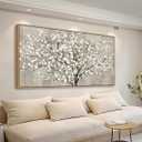 tigeridge Blooming Flower Tree Framed Wall Art - White Blossoms Green Leaves Canvas Pictures Wall Decor Soft Grey Painting Artwork Elegant Floral Prints Living Room Decor 58 x 29in, Natural Wood Frame