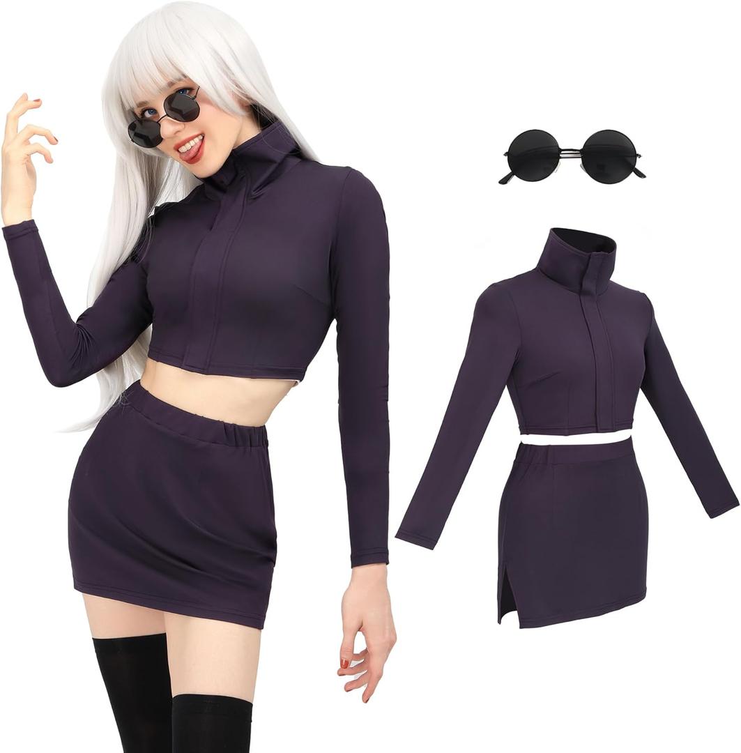 DAZCOS JJK Womens Cosplay Costume US Size Set Bodycon Crop Shirt and Skirt with Glasses (X-Small)